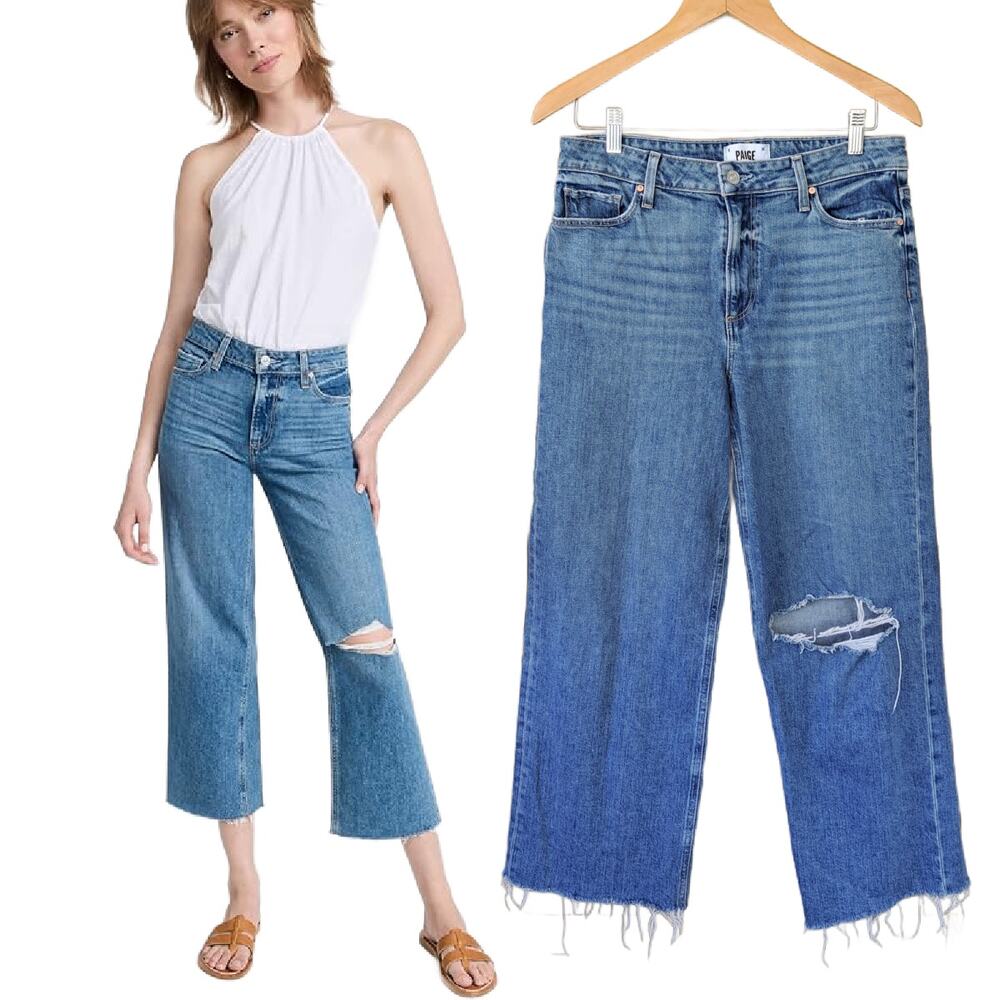 PAIGE Nellie High Waist Raw Hem Crop Wide Leg Jeans Sz 30 Dandelion Destructed
